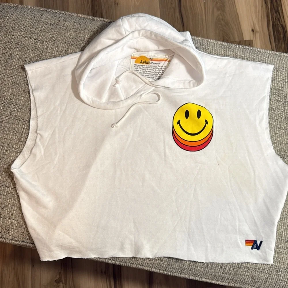 Aviator Nation Smiley Face Repeat‎ Set Shorts//Sleeveless Hoodie Size Medium - Picture 5 of 9
